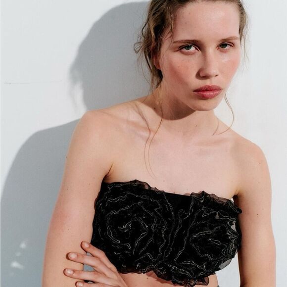 Zara Black Organza Flower Maxi Bandeau Top NWOT Size Small - Picture 2 of 9